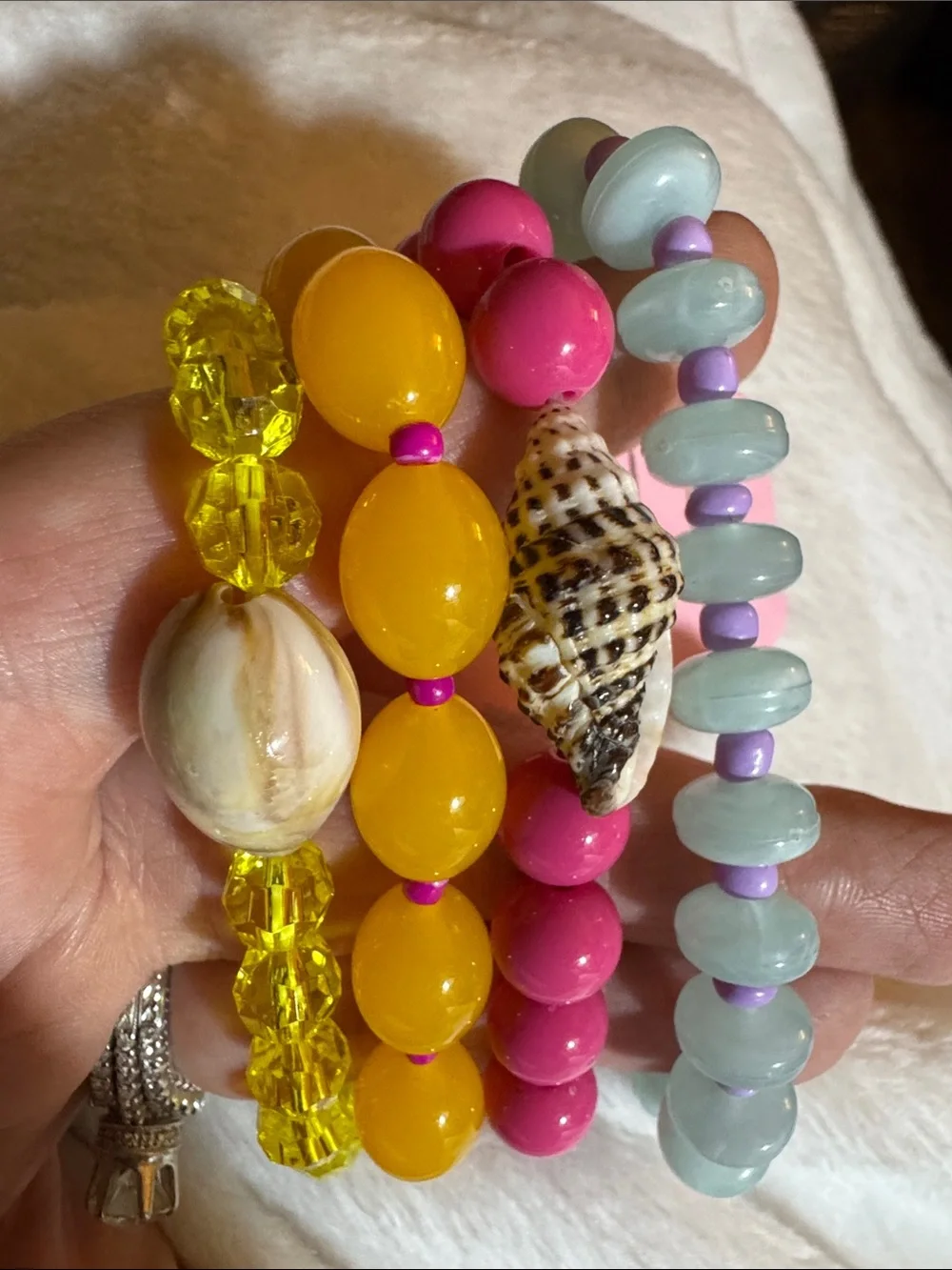 Colorful Bead and Shell Stretch Bracelet Set - Yellow, Pink, Light Blue